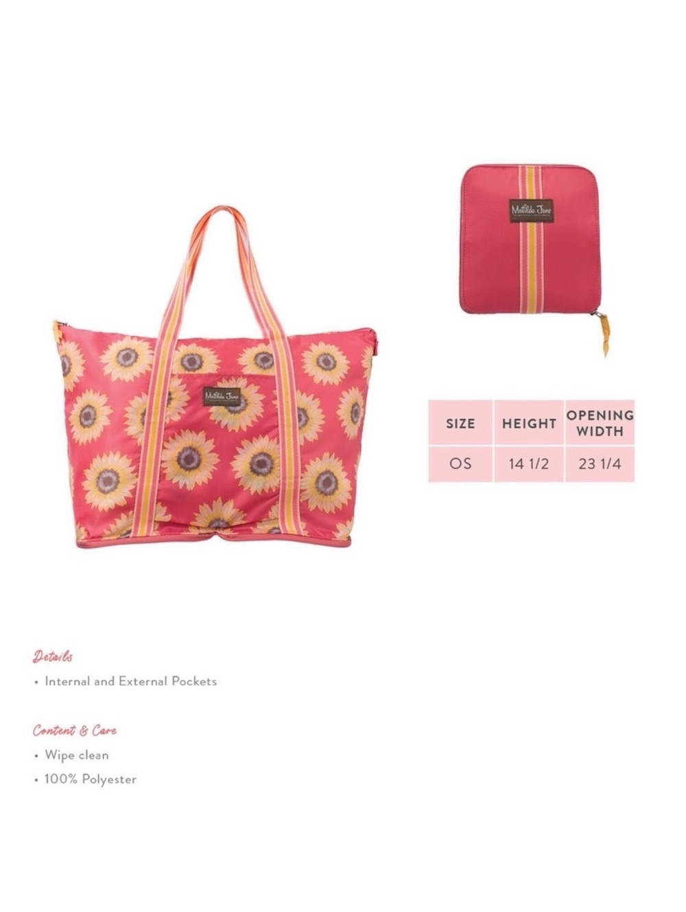 Matilda Jane Pink Sunflower Print Tote with Striped Handles